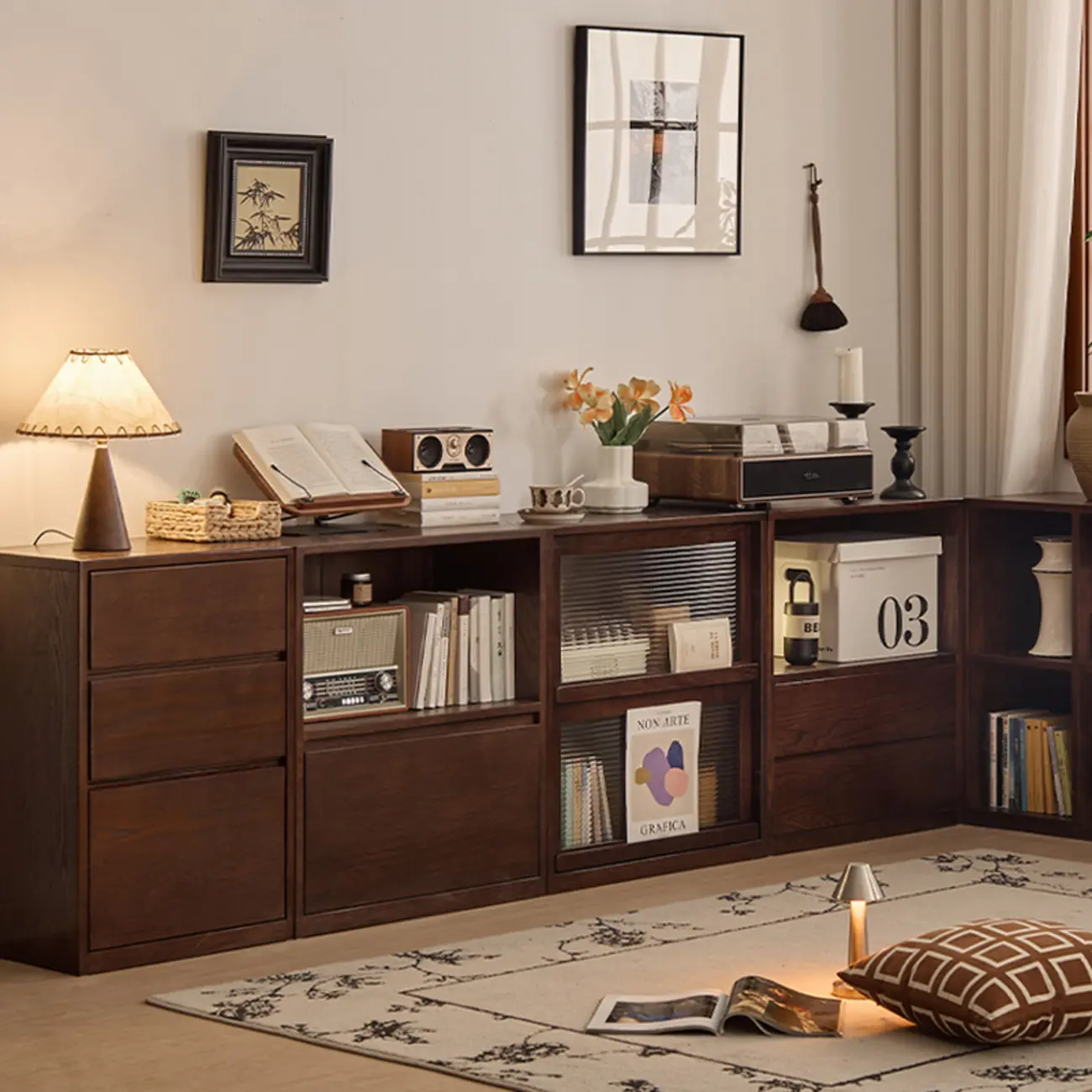Horizontal Oak Wood Closed Back Bookcase With Drawers Image - 4 | homeyfad