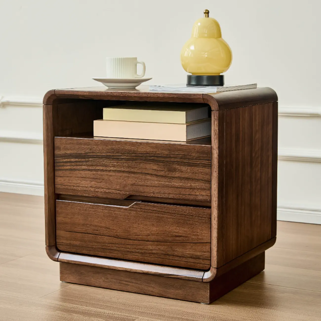 Mid Century Modern Walnut Solid Wood 2- Drawer Nightstand Image - 4 | homeyfad