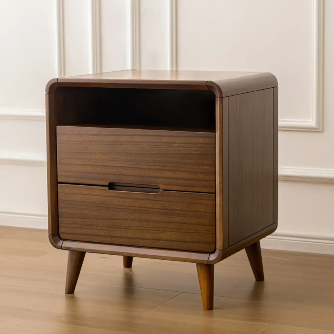 Mid Century Modern Walnut Solid Wood 2- Drawer Nightstand Image - 7