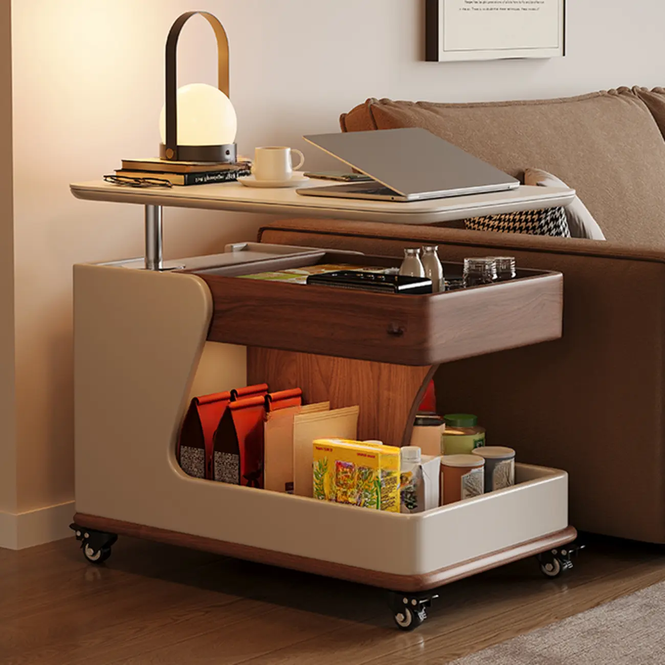 Contemporary Adjustable Tabletop Rolling Cart Coffee Table  Image - 4 | homeyfad