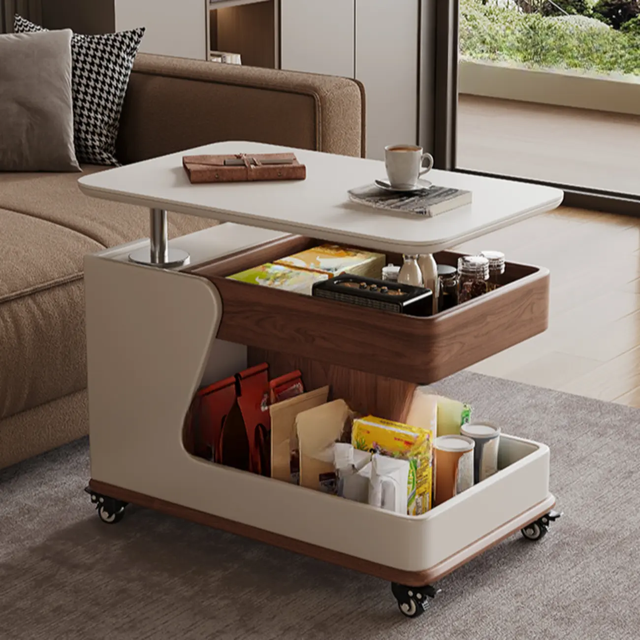 Contemporary Adjustable Tabletop Rolling Cart Coffee Table  Image - 6 | homeyfad