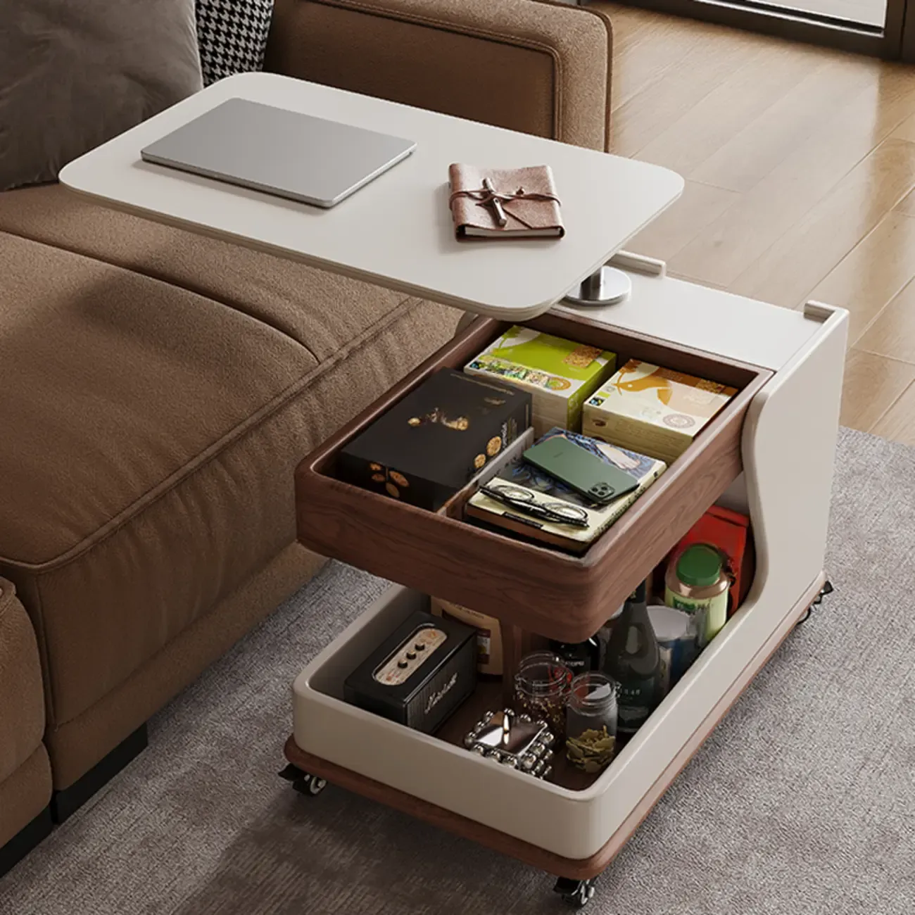 Contemporary Adjustable Tabletop Rolling Cart Coffee Table  Image - 8