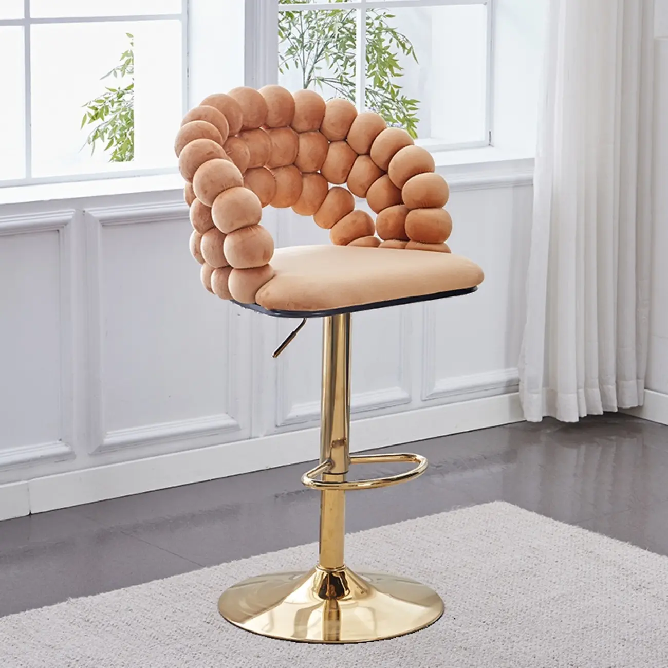 Glam Swivel Saddle Fabric Adjustable Height Bar Stool with Arms Image - 1 | homeyfad