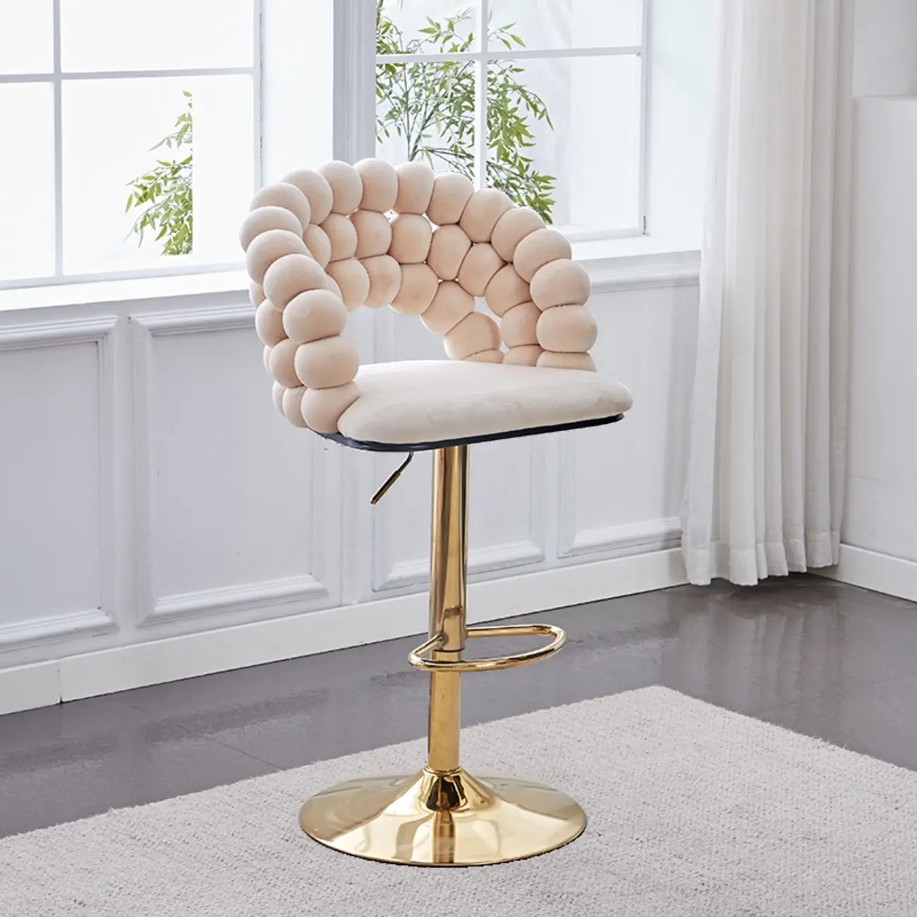 Glam Swivel Saddle Fabric Adjustable Height Bar Stool with Arms Image - 4 | homeyfad