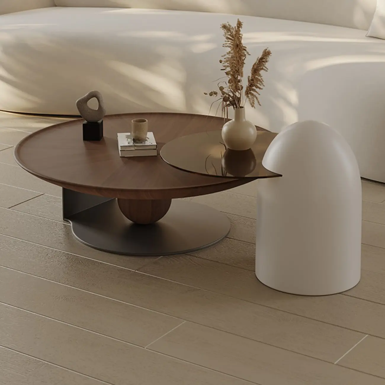 Round Contemporary Wood Nesting Coffee Table For Living Room Image - 6 | homeyfad