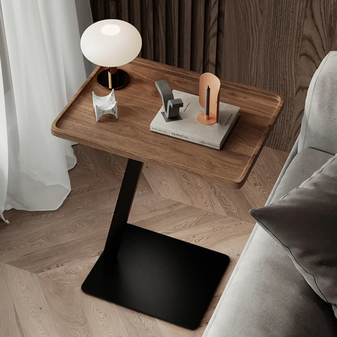 Living Room Brown Wood Top Metal C Shaped Side Table Image - 1