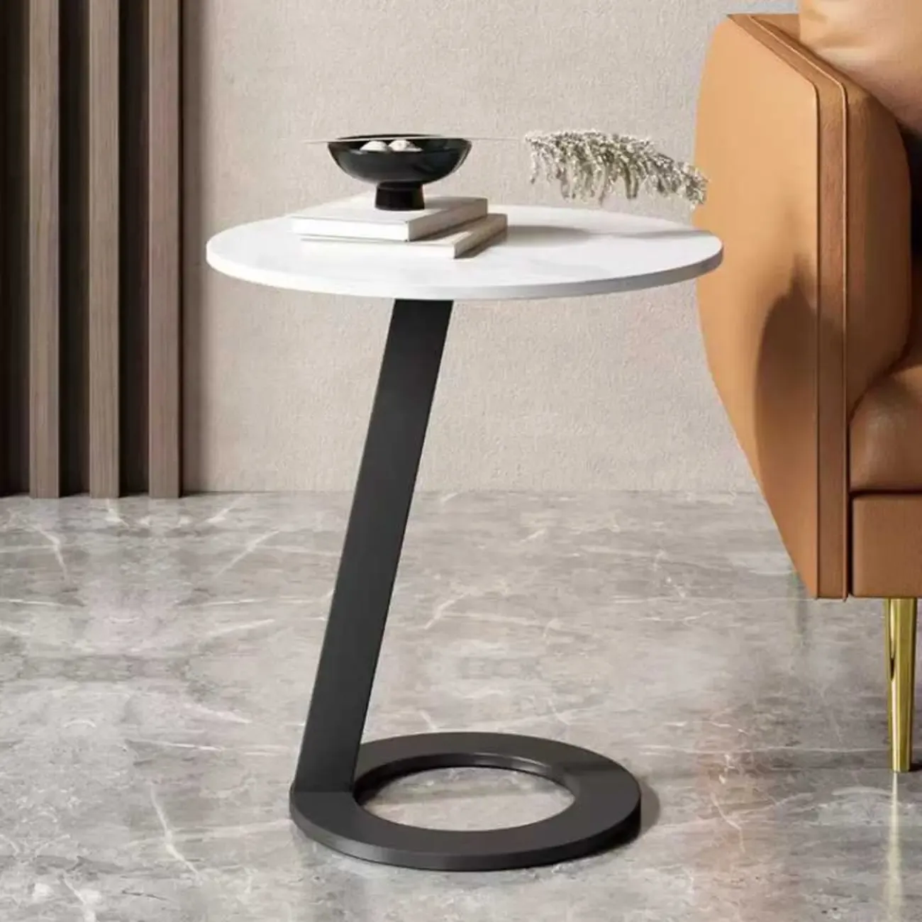 White Modern Stone Metal C Shaped Round Side Table Image - 1
