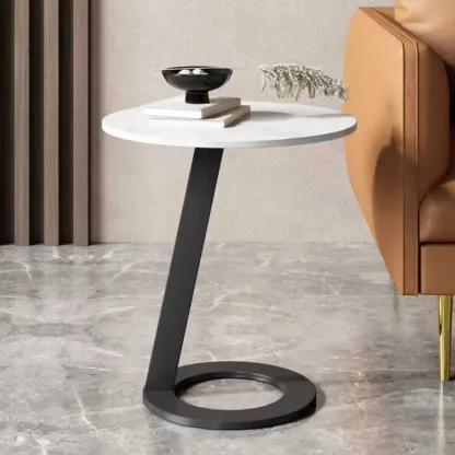White Modern Stone Metal C Shaped Round Side Table Image - 1