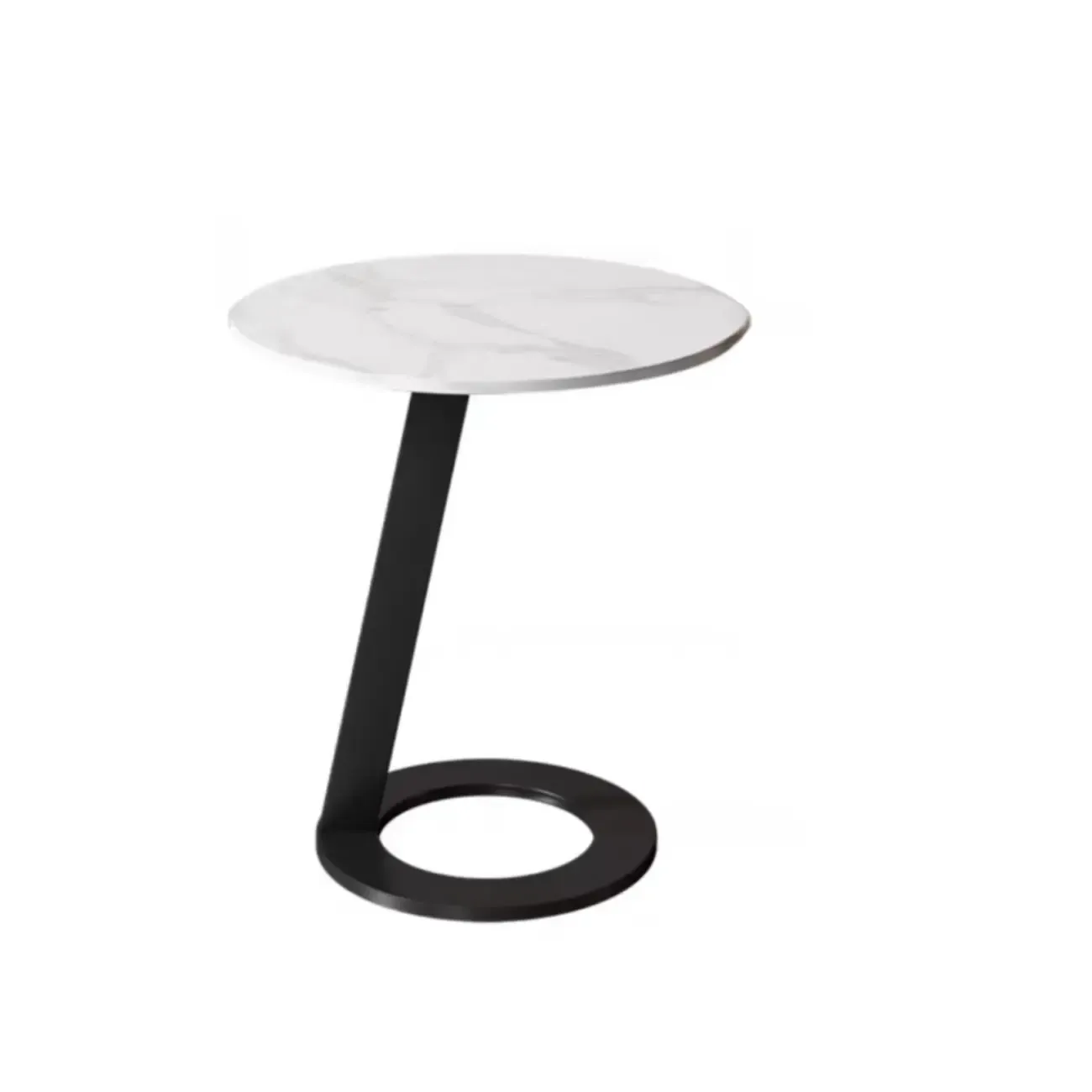 White Modern Stone Metal C Shaped Round Side Table Image - 3