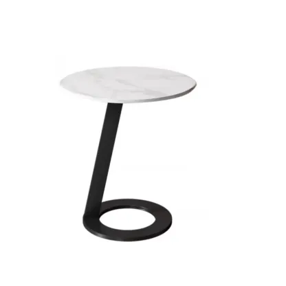 White Modern Stone Metal C Shaped Round Side Table Image - 3