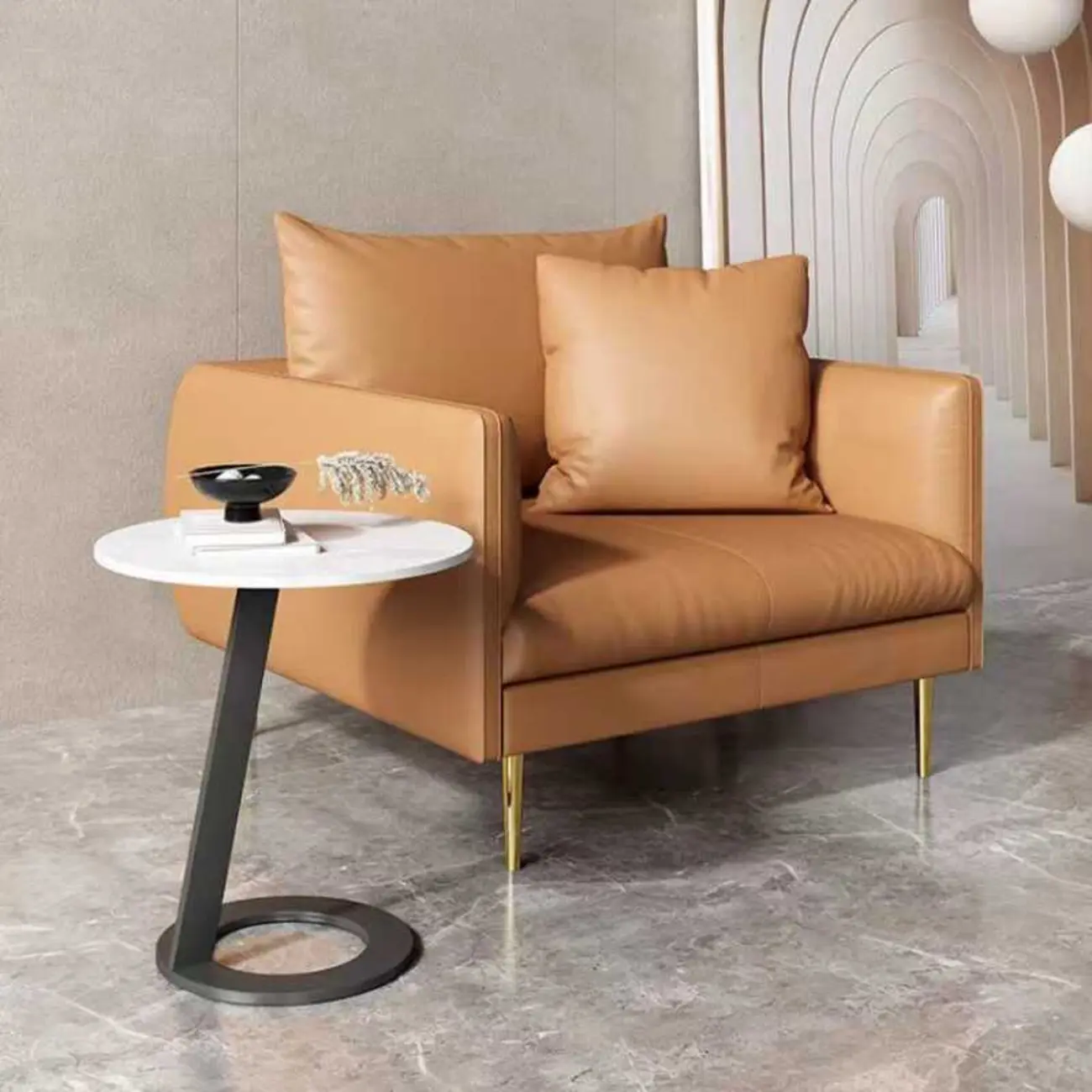 White Modern Stone Metal C Shaped Round Side Table Image - 4 | homeyfad