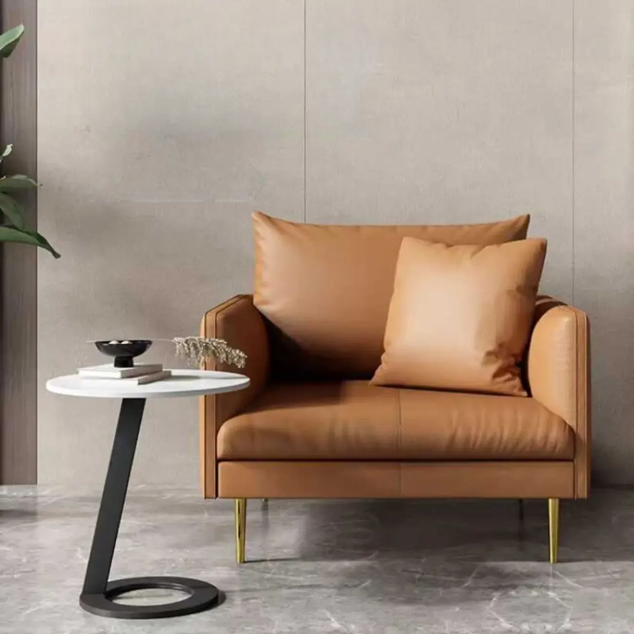 White Modern Stone Metal C Shaped Round Side Table Image - 5