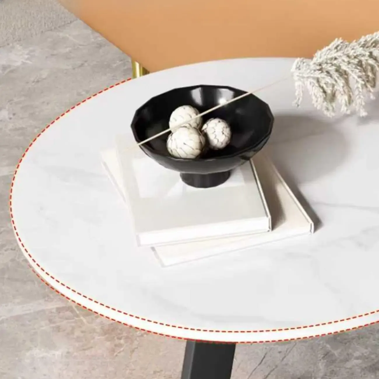 White Modern Stone Metal C Shaped Round Side Table Image - 7