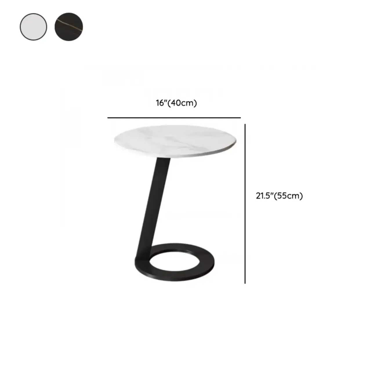 White Modern Stone Metal C Shaped Round Side Table #size