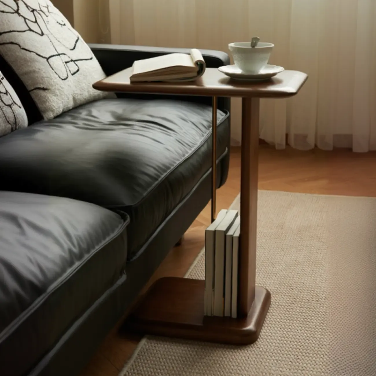 Minimalist Wood Narrow C Side Tables with Book Holder Image - 1
