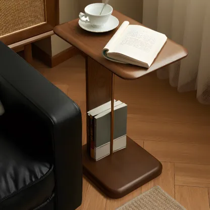 Minimalist Wood Narrow C Side Tables with Book Holder Image - 2