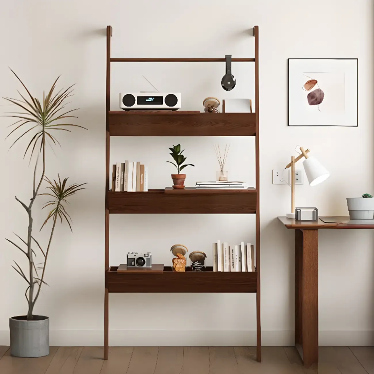 Display Modern Walnut Finish Ladder Bookcase With Storage Image - 1