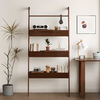 Display Modern Walnut Finish Ladder Bookcase With Storage Image - 1