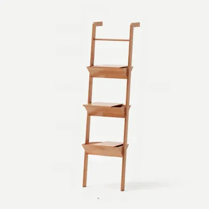 Display Modern Walnut Finish Ladder Bookcase With Storage Image - 3