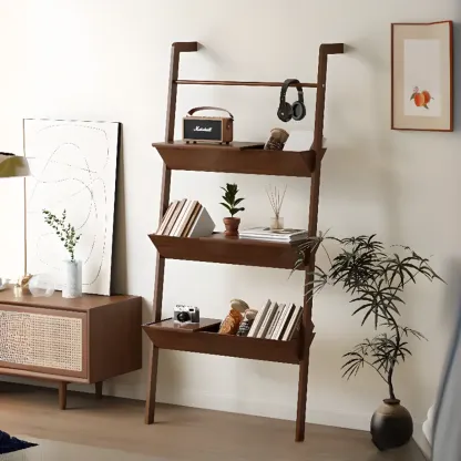 Display Modern Walnut Finish Ladder Bookcase With Storage Image - 4