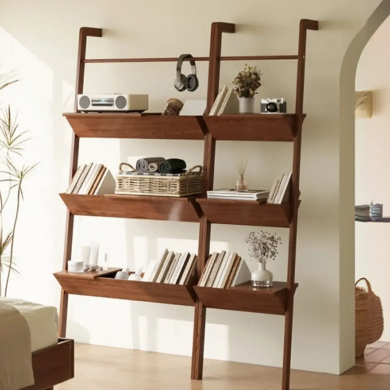 Display Modern Walnut Finish Ladder Bookcase With Storage Image - 6