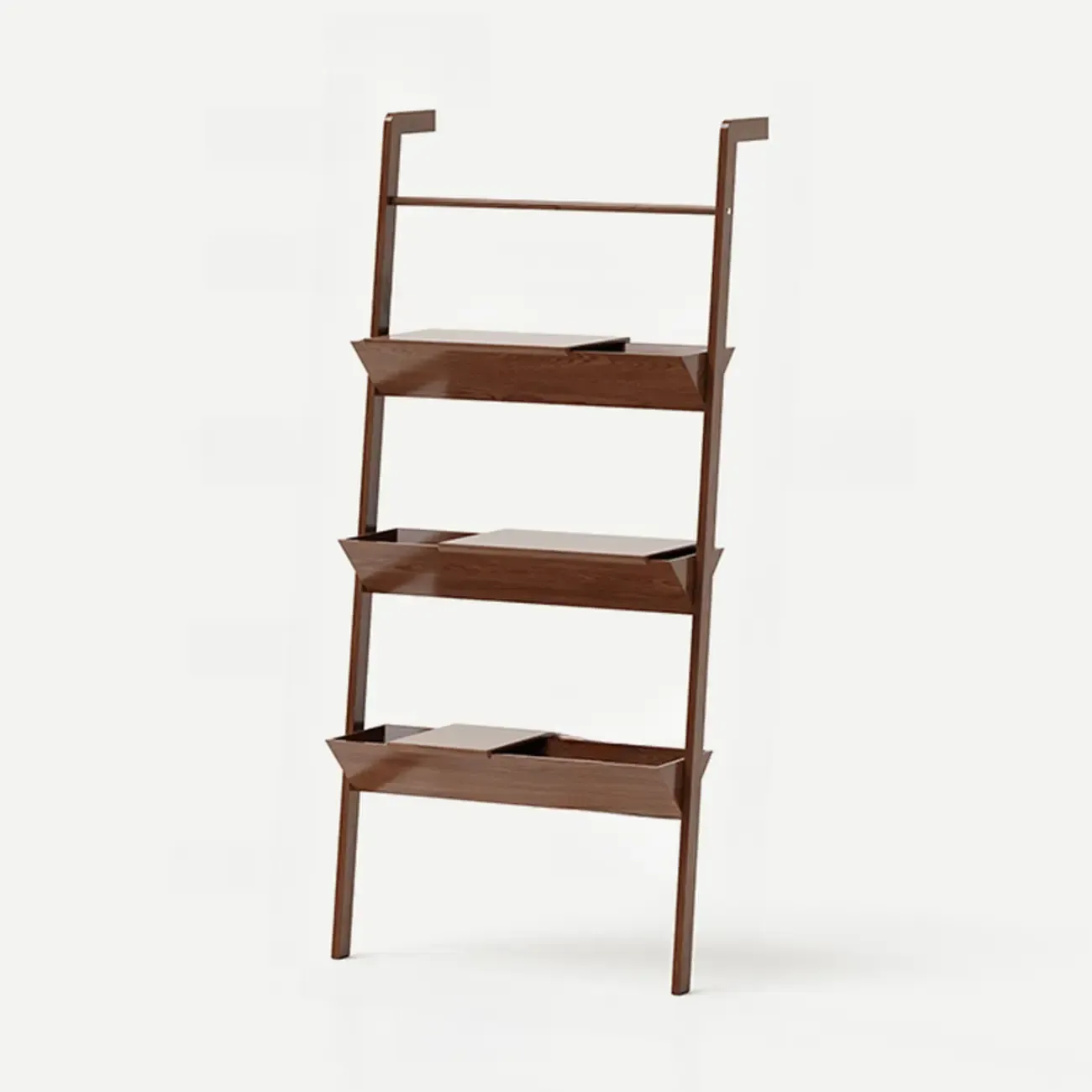 Display Modern Walnut Finish Ladder Bookcase With Storage Image - 7