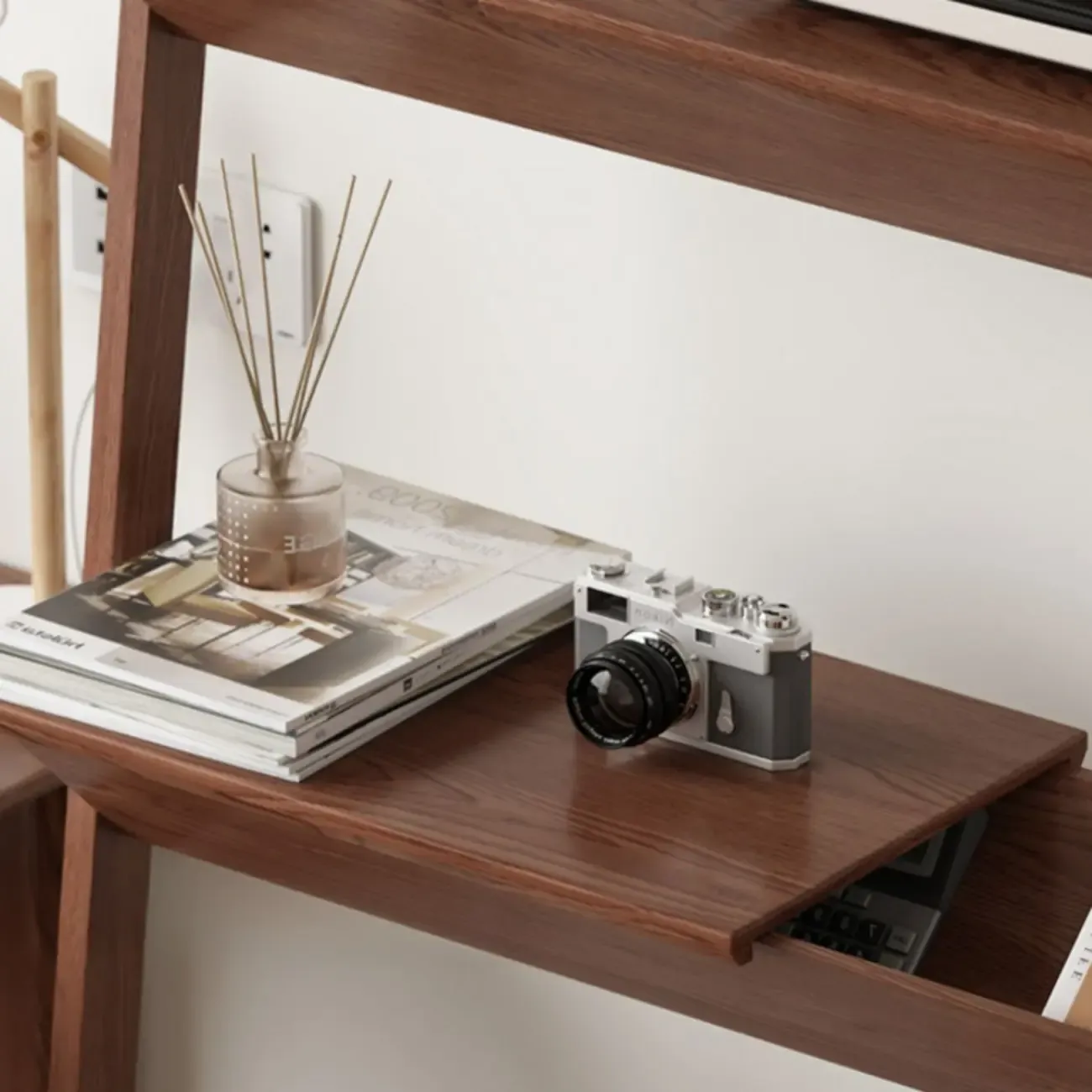 Display Modern Walnut Finish Ladder Bookcase With Storage Image - 8