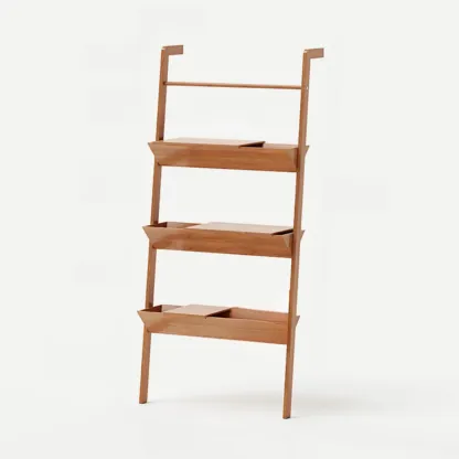 Display Modern Walnut Finish Ladder Bookcase With Storage Image - 9