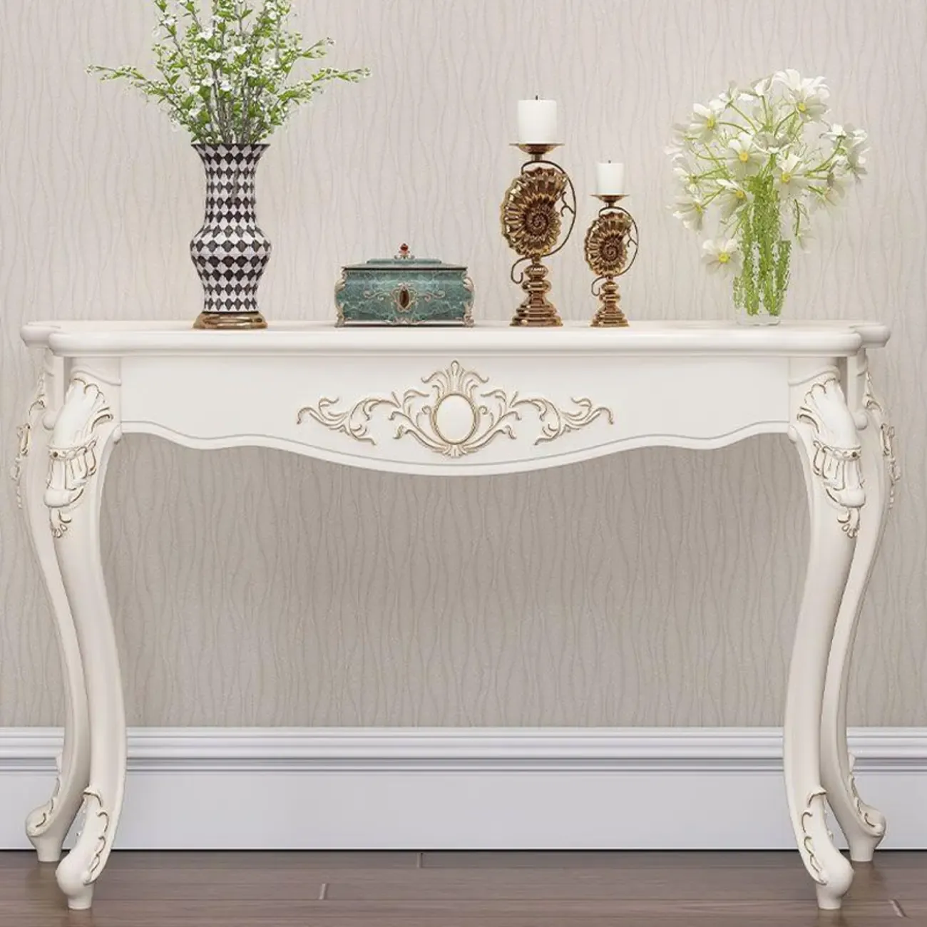 Traditional White Wooden Console Table With Relief Carvings Image - 1