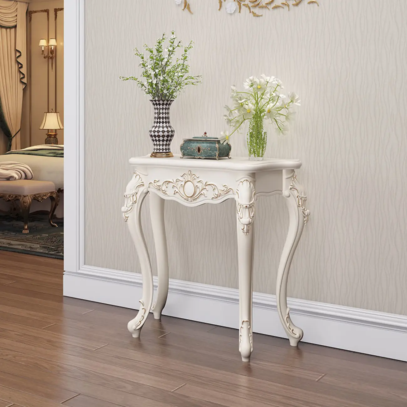 Traditional White Wooden Console Table With Relief Carvings Image - 2 | homeyfad