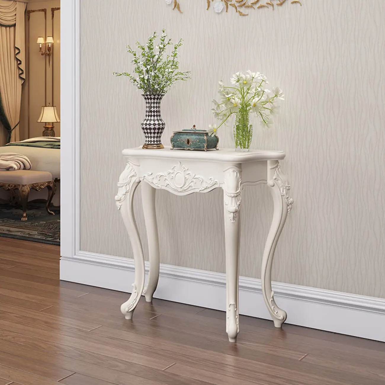Traditional White Wooden Console Table With Relief Carvings Image - 4 | homeyfad