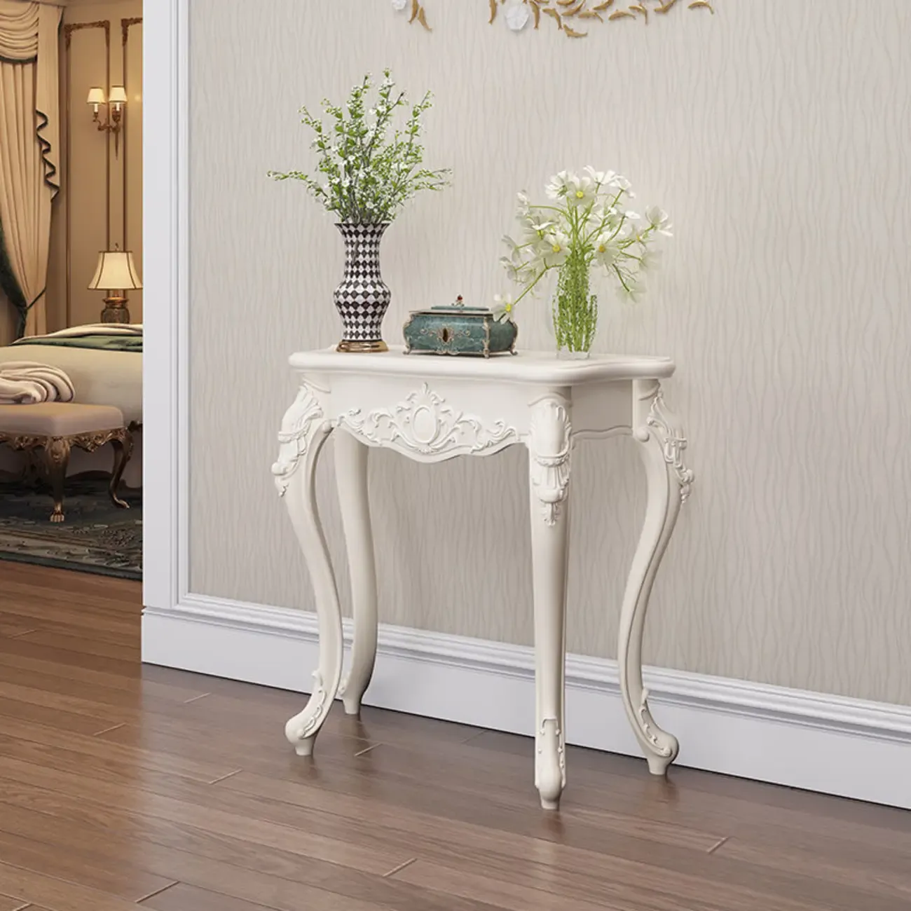 Traditional White Wooden Console Table With Relief Carvings Image - 4