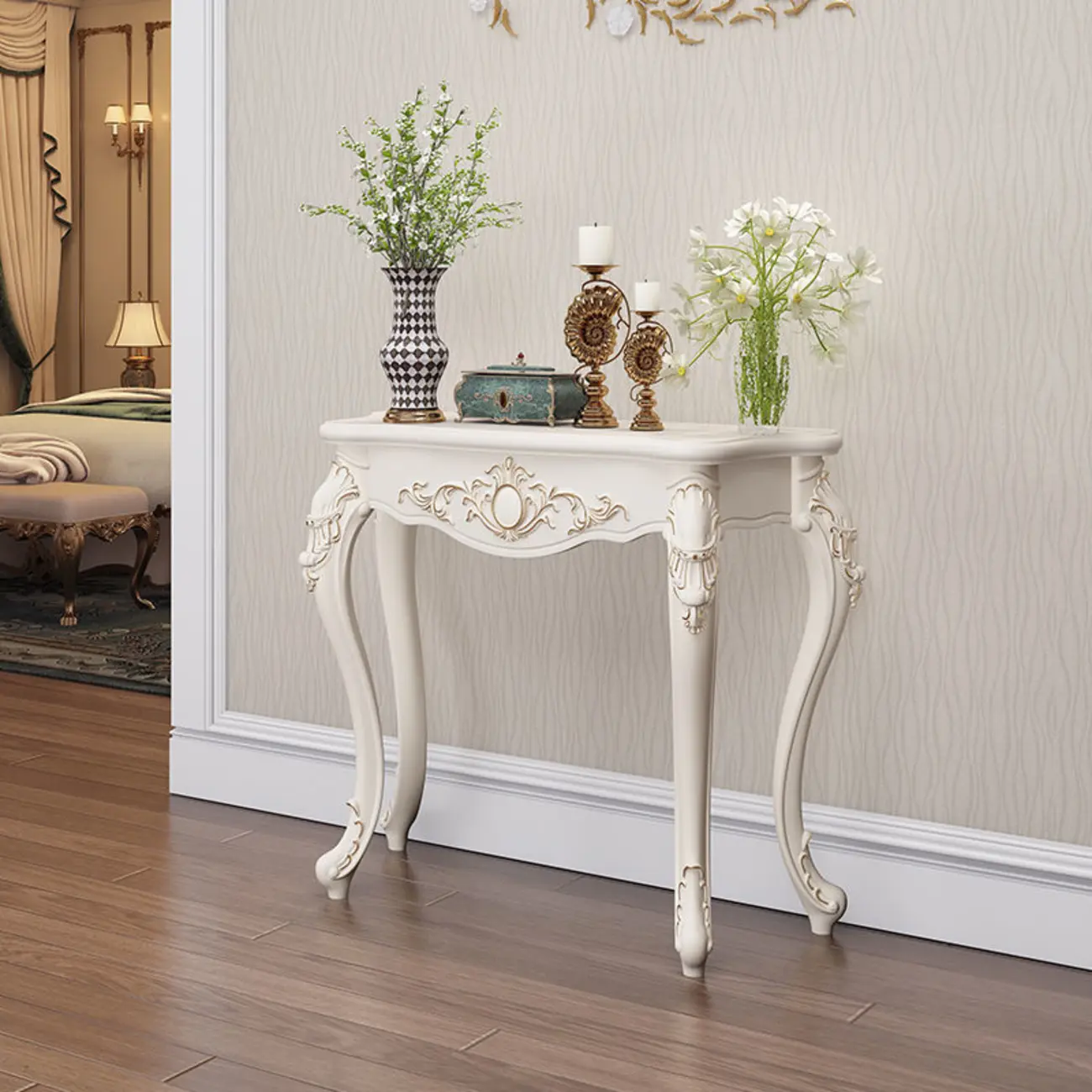 Traditional White Wooden Console Table With Relief Carvings Image - 5 | homeyfad