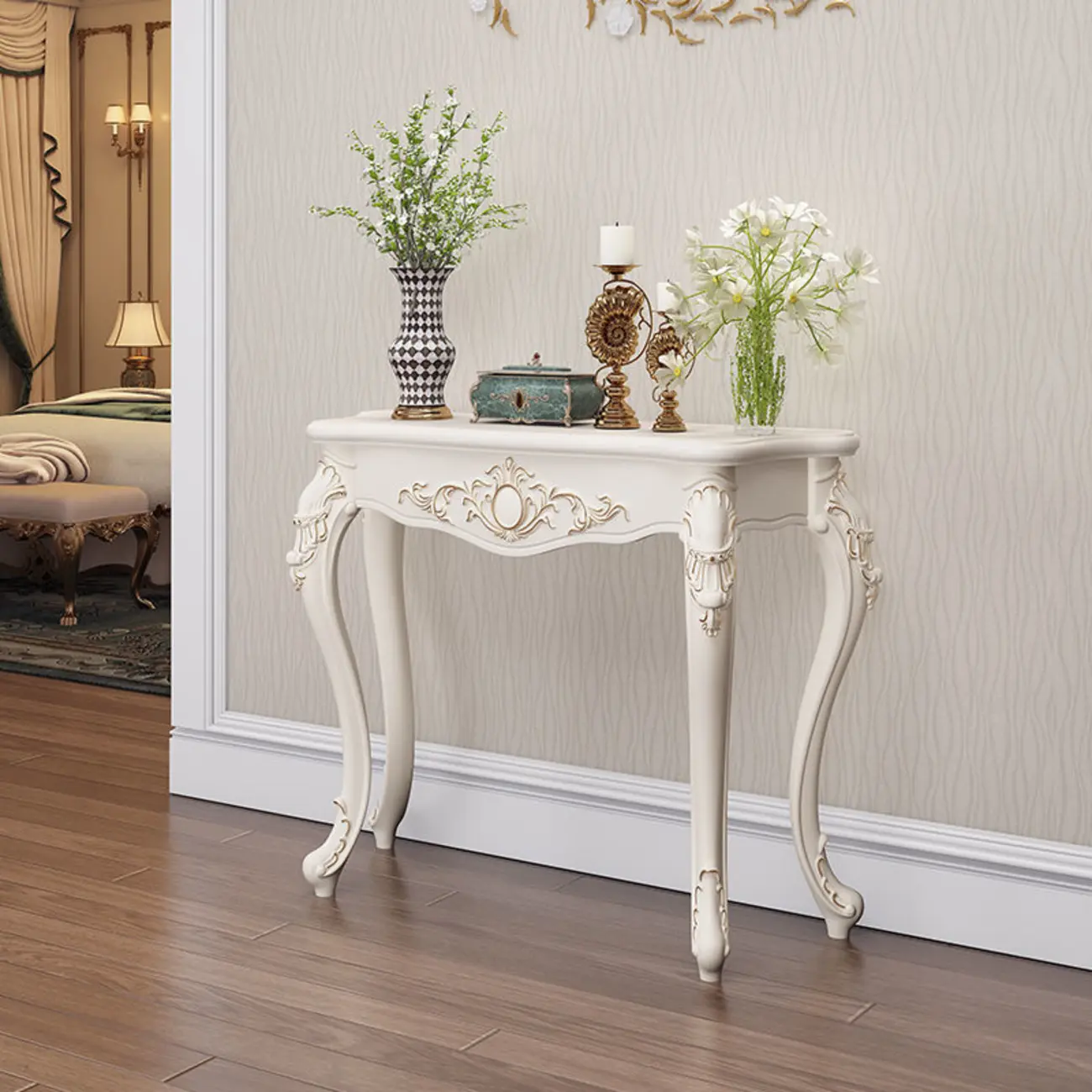Traditional White Wooden Console Table With Relief Carvings Image - 9 | homeyfad