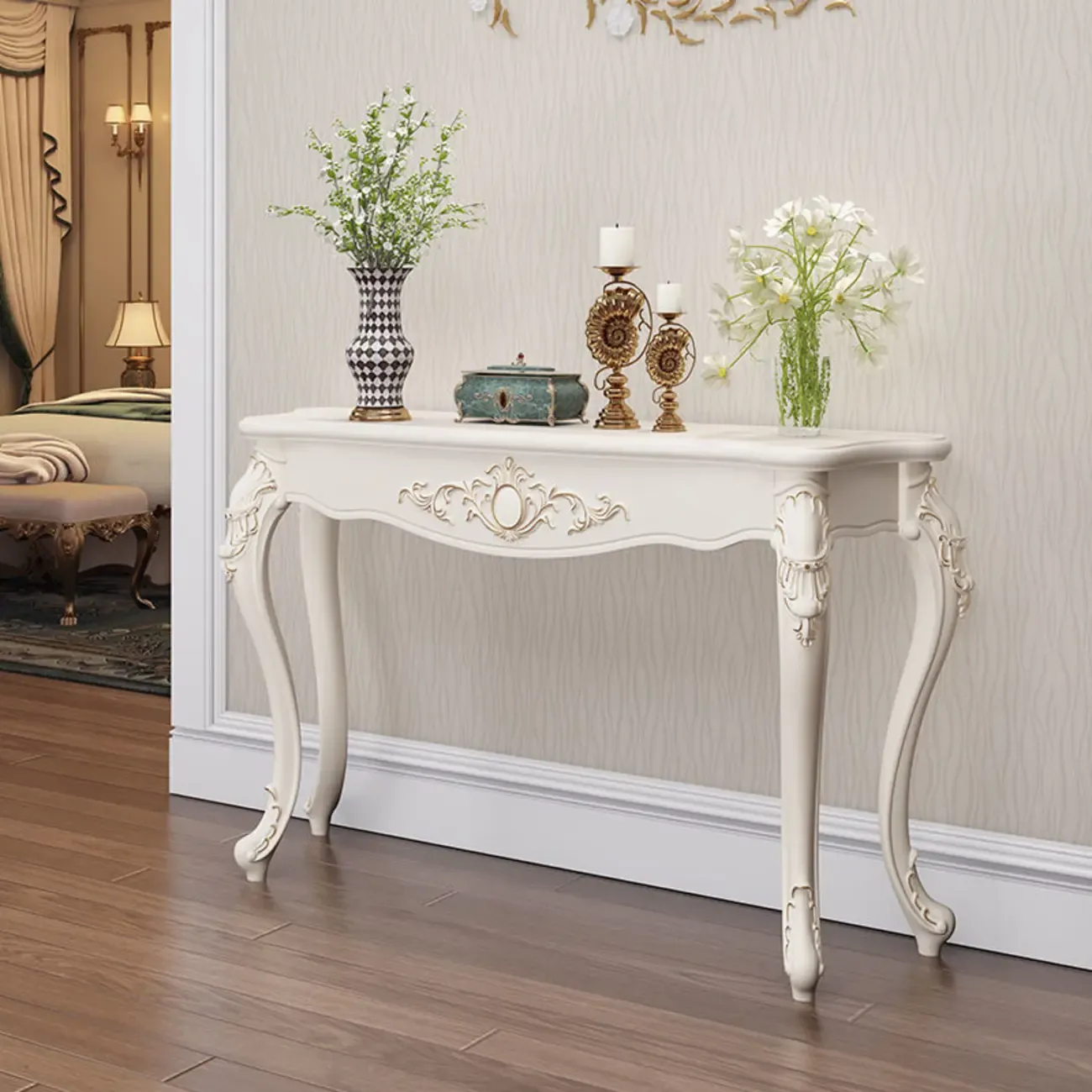 Traditional White Wooden Console Table With Relief Carvings Image - 16