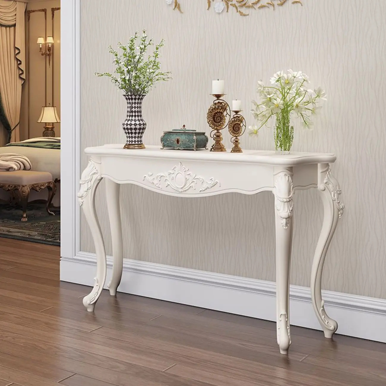 Traditional White Wooden Console Table With Relief Carvings Image - 17 | homeyfad