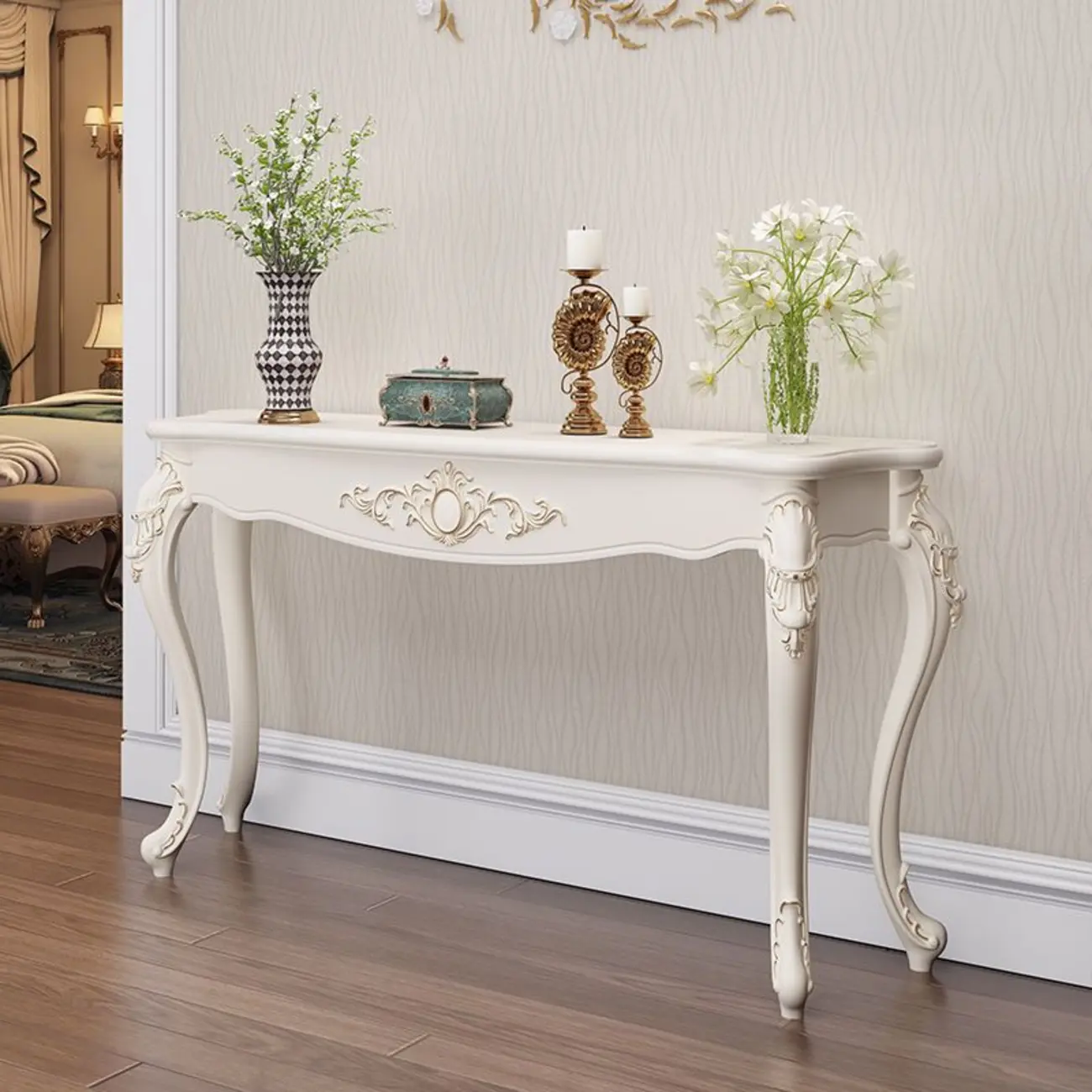 Traditional White Wooden Console Table With Relief Carvings Image - 18 | homeyfad