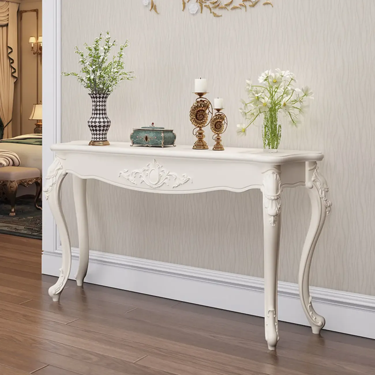 Traditional White Wooden Console Table With Relief Carvings Image - 19