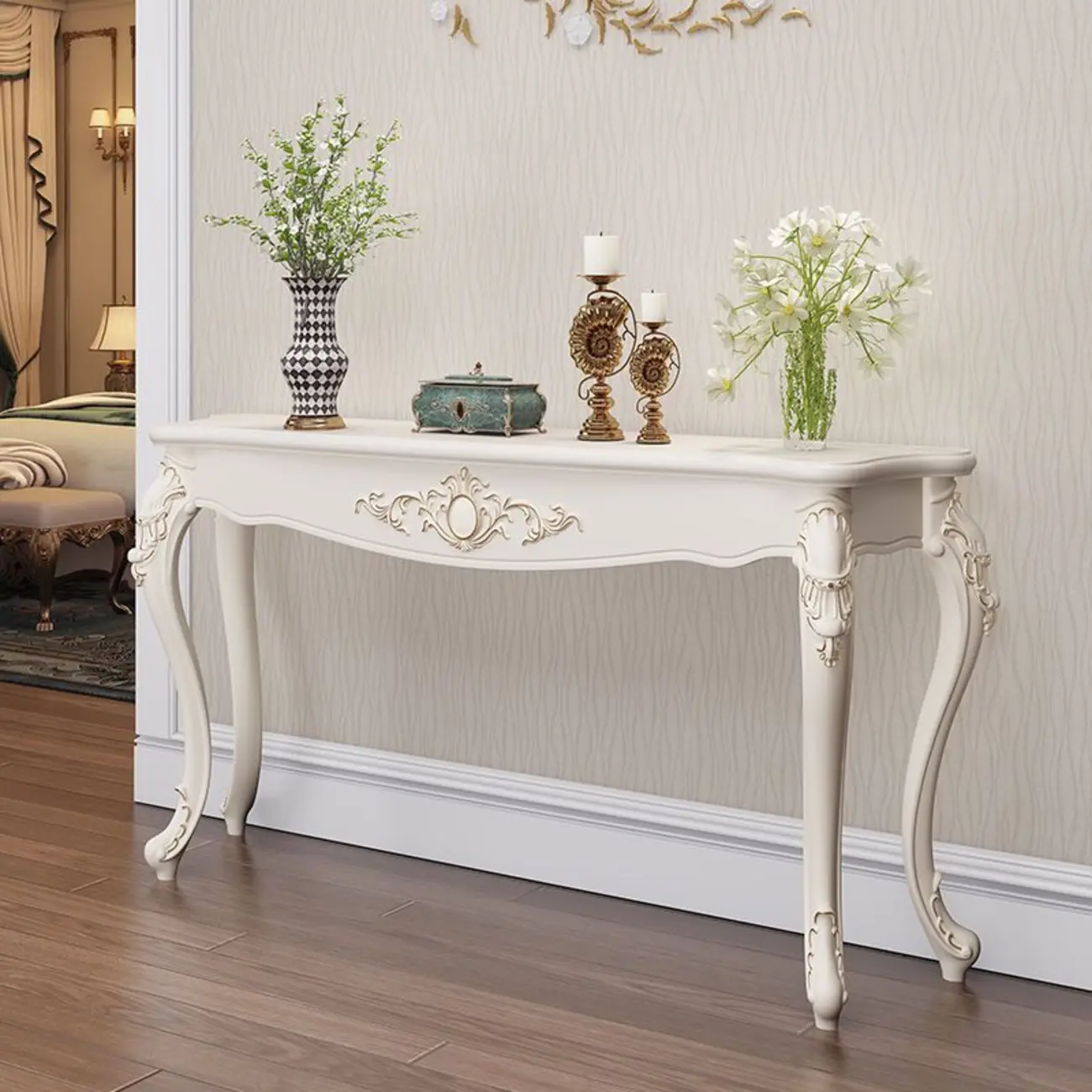 Traditional White Wooden Console Table With Relief Carvings Image - 20 | homeyfad