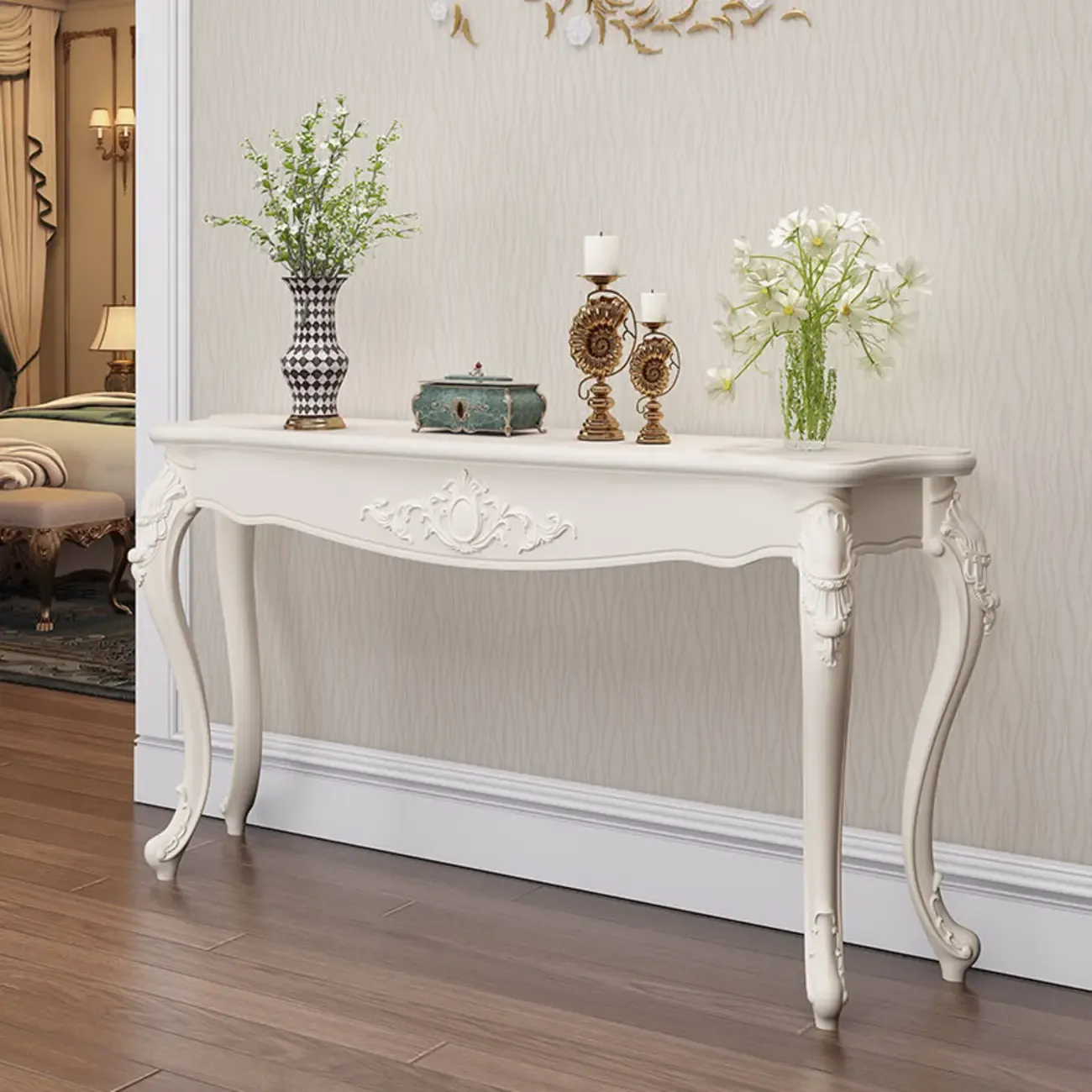 Traditional White Wooden Console Table With Relief Carvings Image - 21