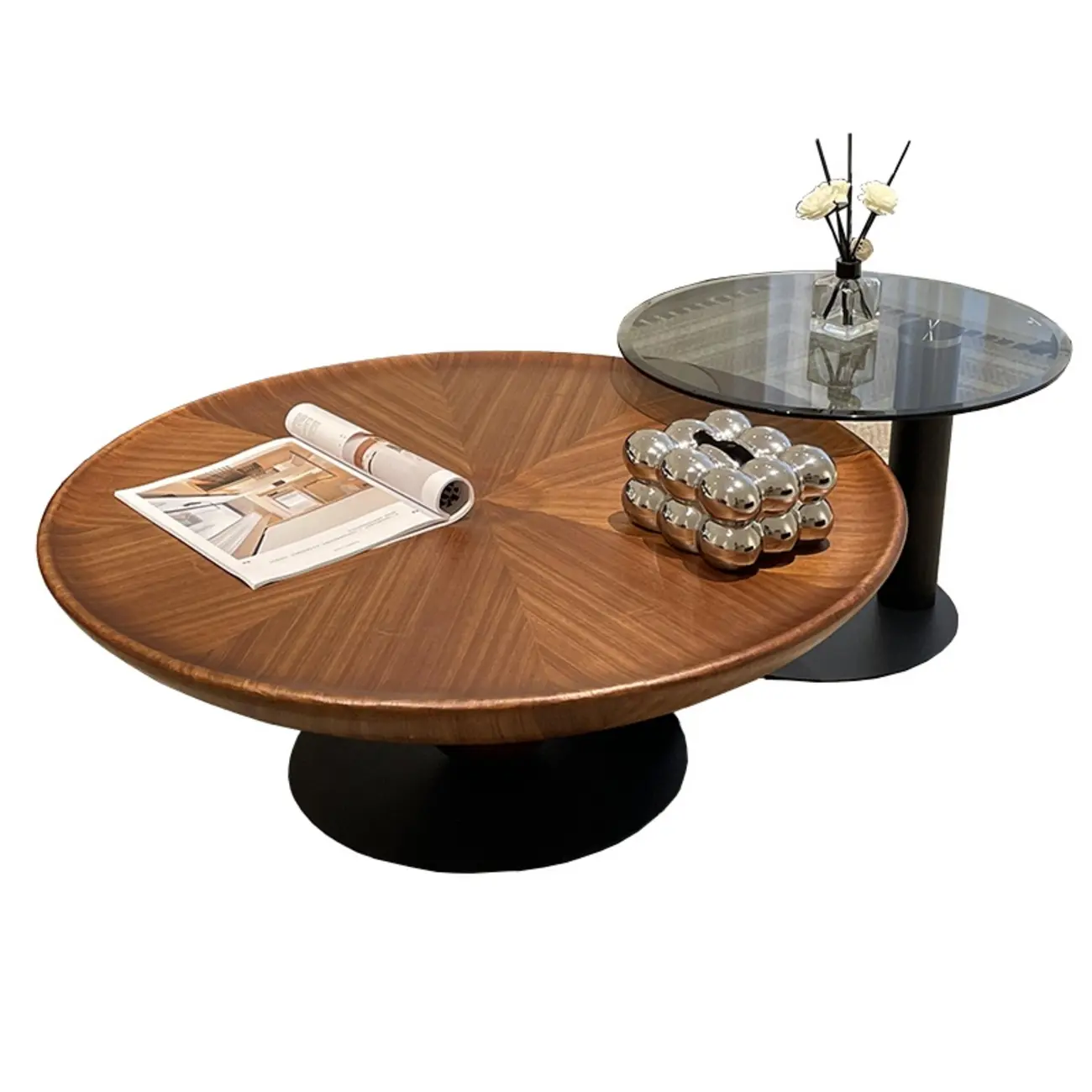 Contemporary Wooden Round Metal Nesting Coffee Table Set Image - 2 | homeyfad