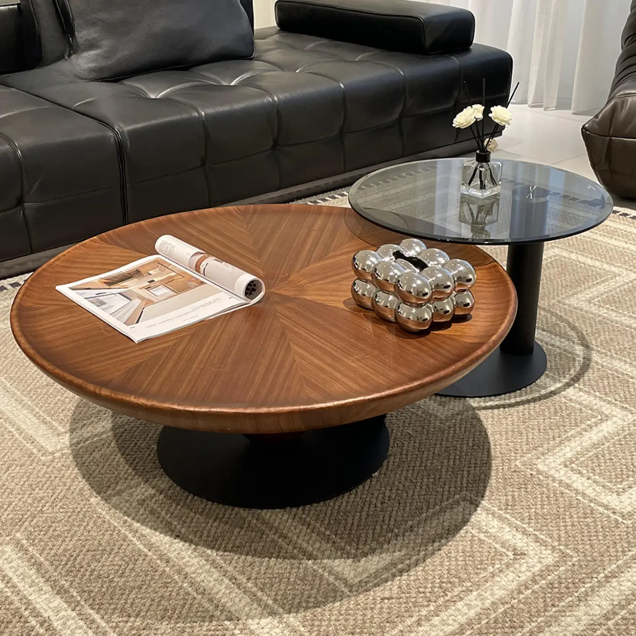 Contemporary Wooden Round Metal Nesting Coffee Table Set Image - 3 | homeyfad