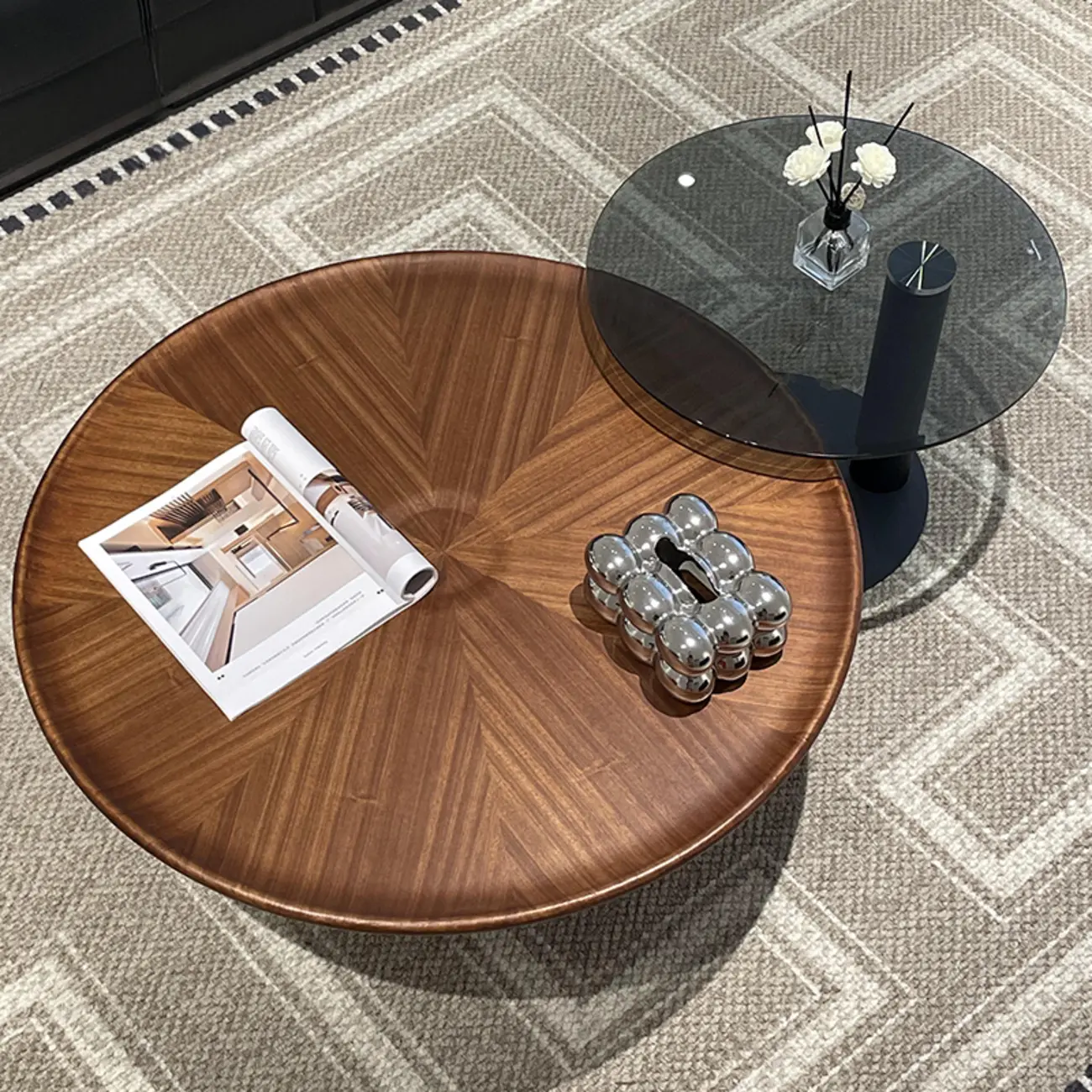 Contemporary Wooden Round Metal Nesting Coffee Table Set Image - 4 | homeyfad