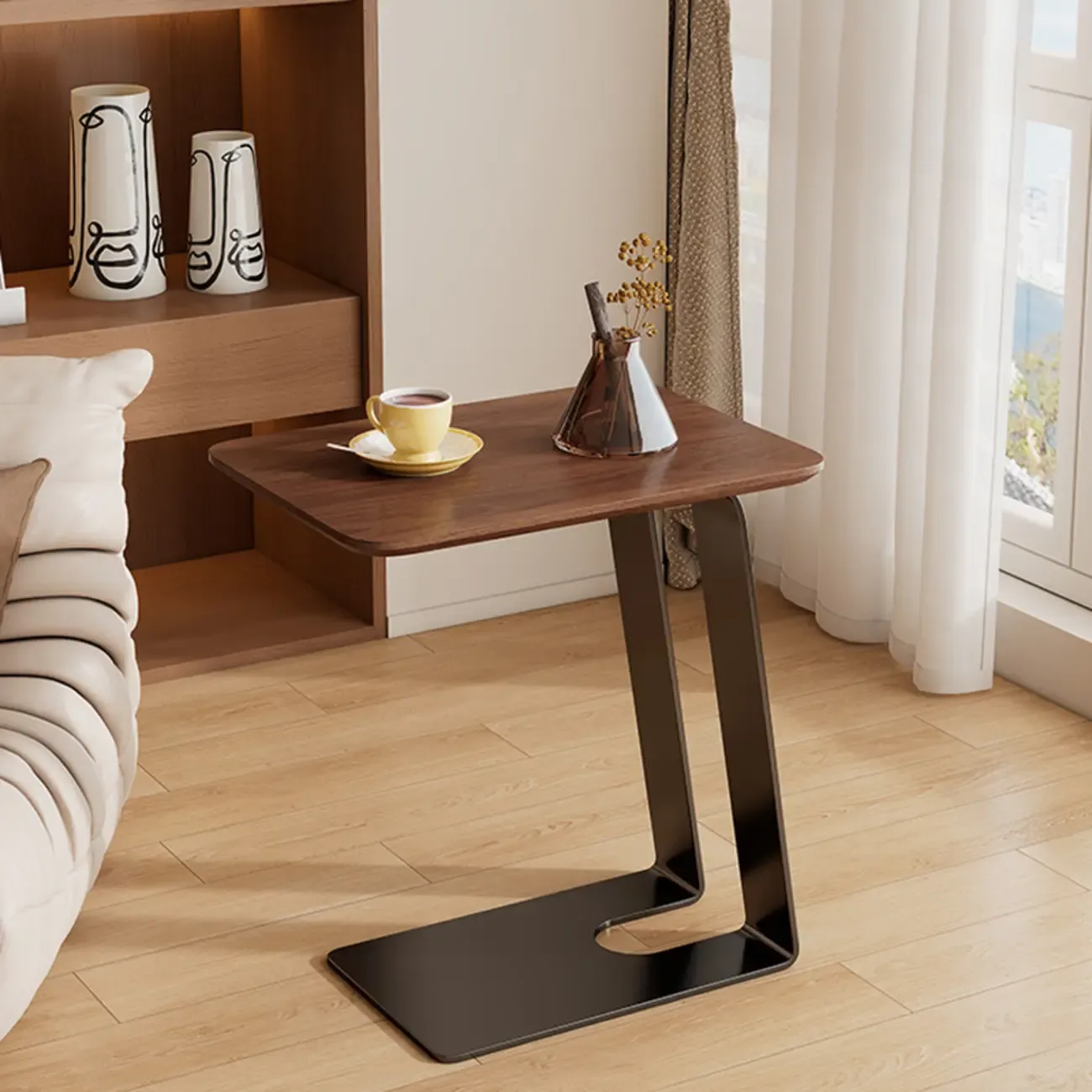 Minimalist Brown Rectangle Ash Wood C-shaped Side Table Image - 1