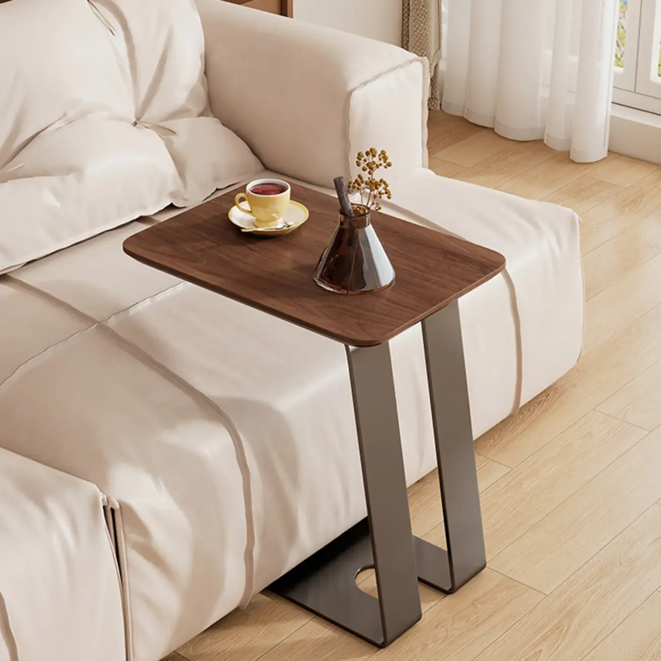 Minimalist Brown Rectangle Ash Wood C-shaped Side Table Image - 2