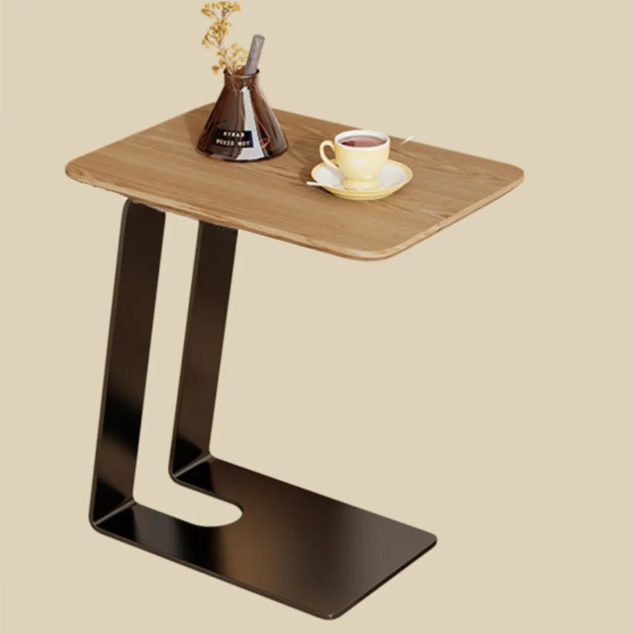 Minimalist Brown Rectangle Ash Wood C-shaped Side Table Image - 5 | homeyfad