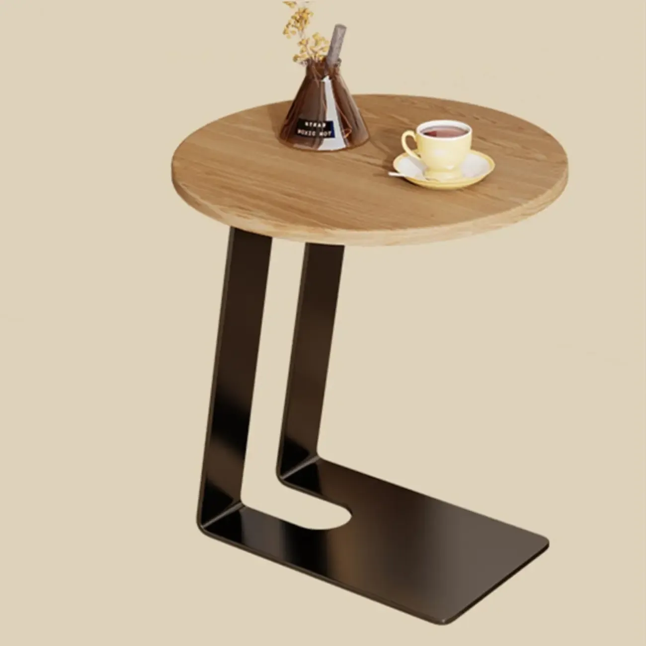 Minimalist Brown Rectangle Ash Wood C-shaped Side Table Image - 7