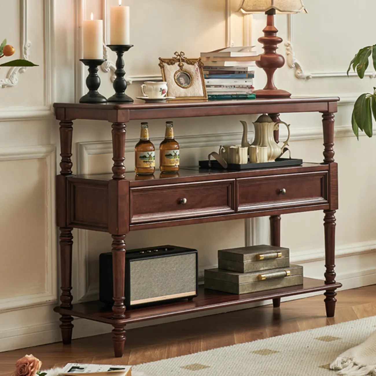 Vintage Solid Wood3-tier Console Table With Drawers Image - 1 | homeyfad