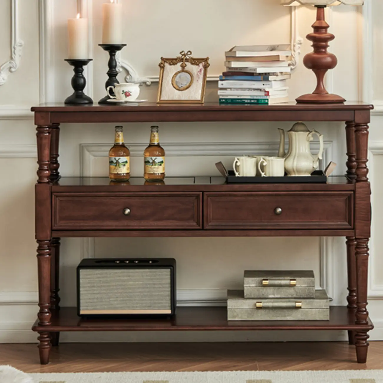 Vintage Solid Wood3-tier Console Table With Drawers Image - 3 | homeyfad