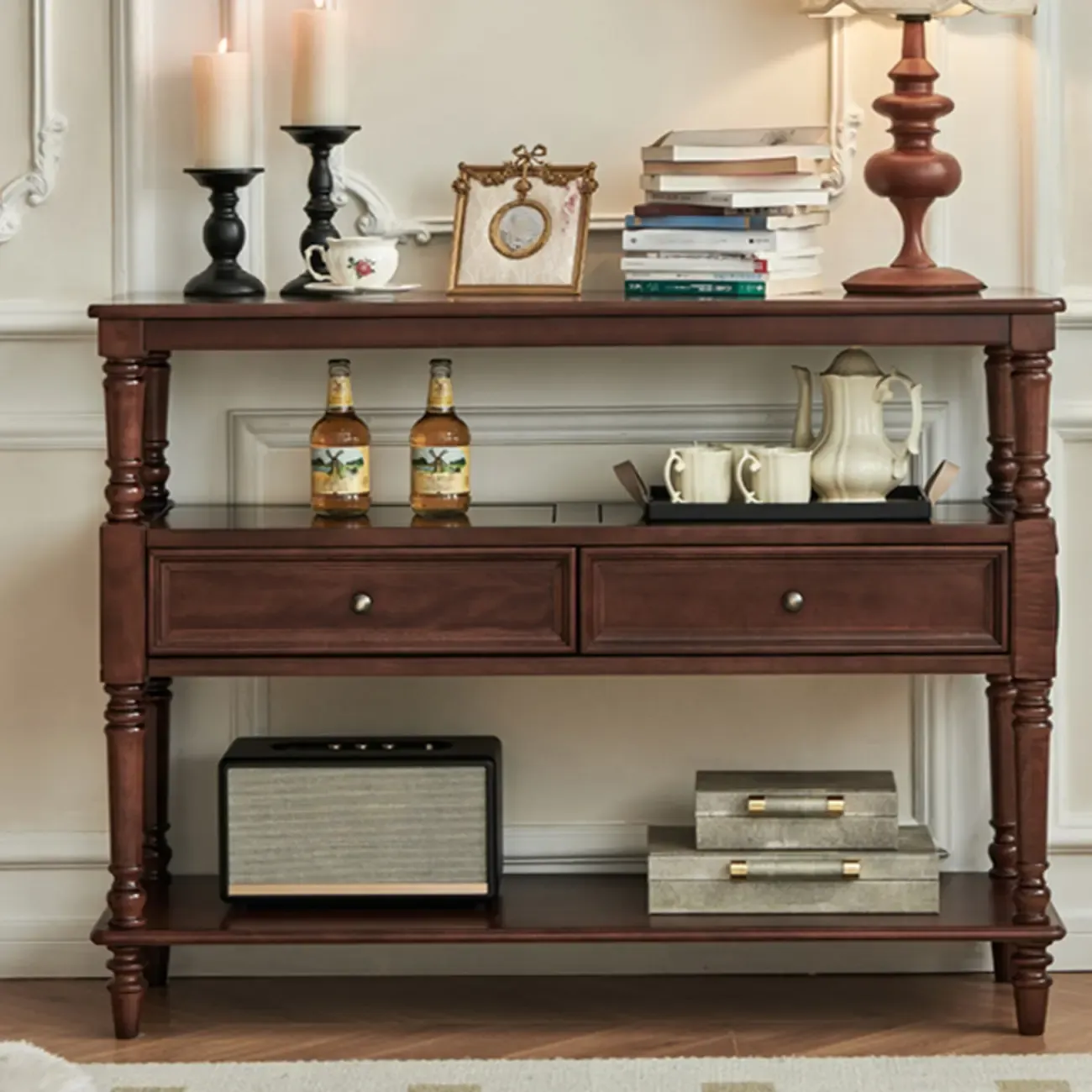 Vintage Solid Wood3-tier Console Table With Drawers Image - 3